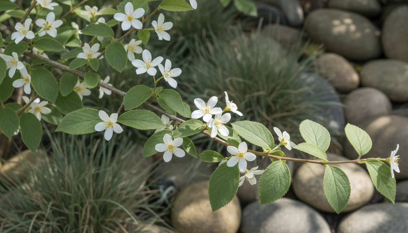 Абелиолистник двурядный (Abeliophyllum distichum), в миксбордере с декоративными злаками