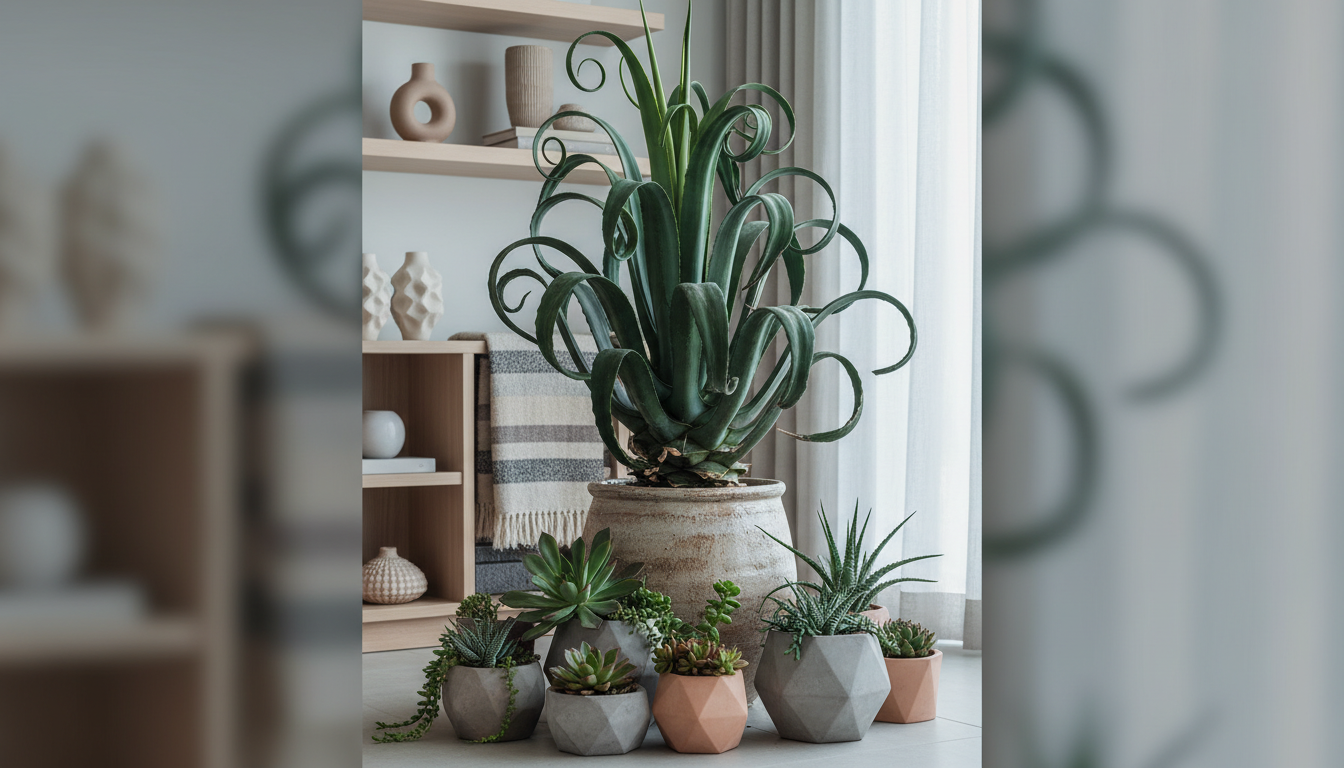 Агава Вильморена (Agave vilmoriniana), в современной гостиной с композицией суккулентов