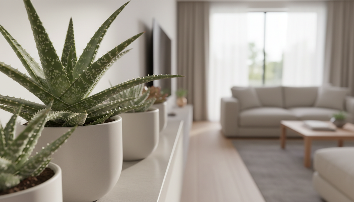 Алоэ колючее (Aloe aculeata), в современной гостиной с композицией суккулентов
