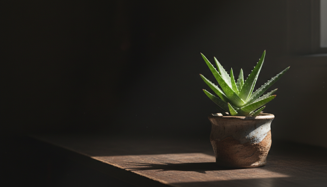 Алоэ вера (Aloe vera), крупным планом в авторском кашпо на столе