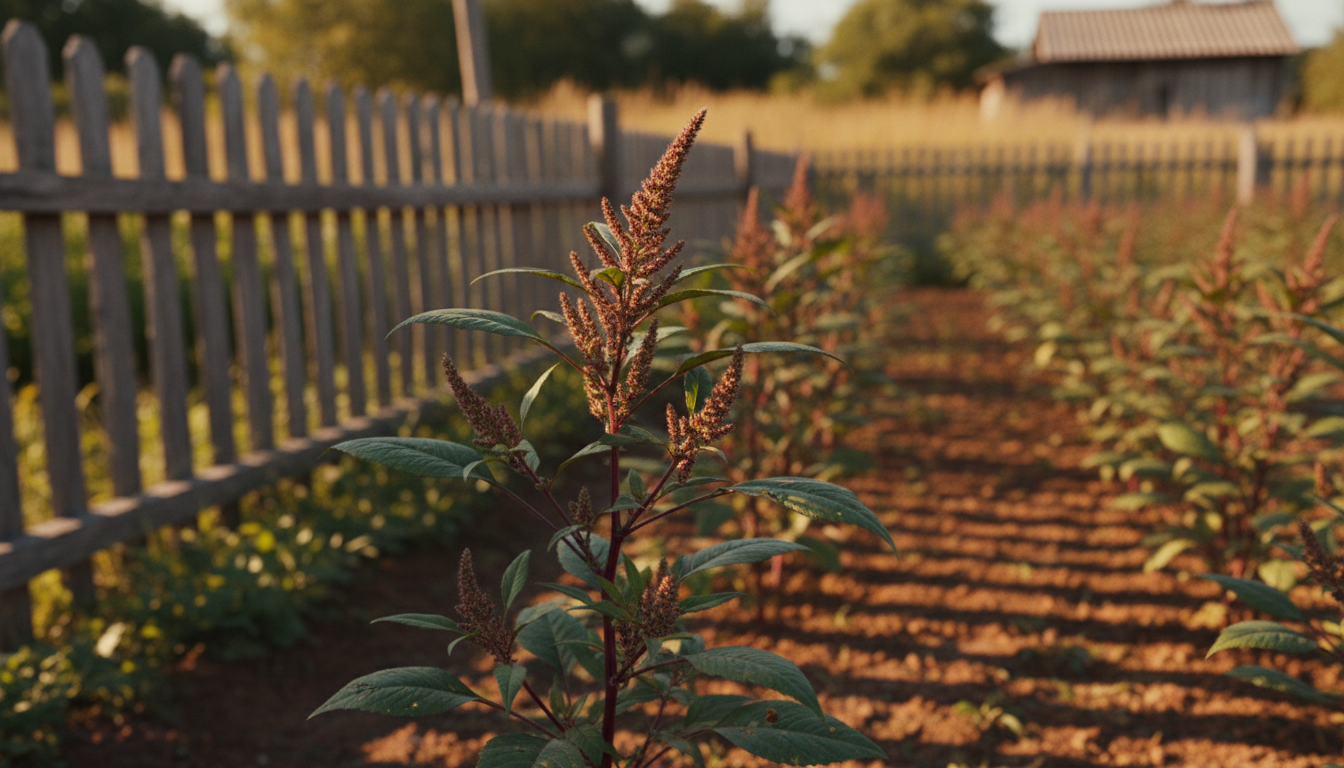 Амарант колючий (Amaranthus spinosus), рядами на огороде у деревянной ограды