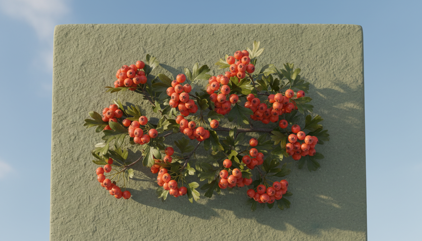 Боярышник кавказский (Crataegus caucasica), на фоне неба с плодами на ветвях