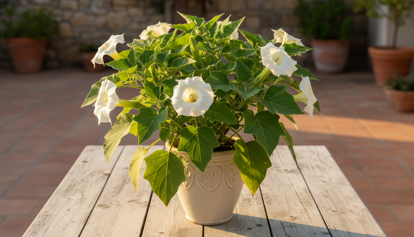 Дурман индейский (Datura inoxia), в композиции на солнечной террасе