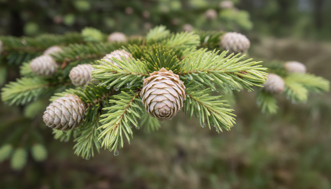 Ель Глена (Picea glehnii), крупный план хвои и шишек