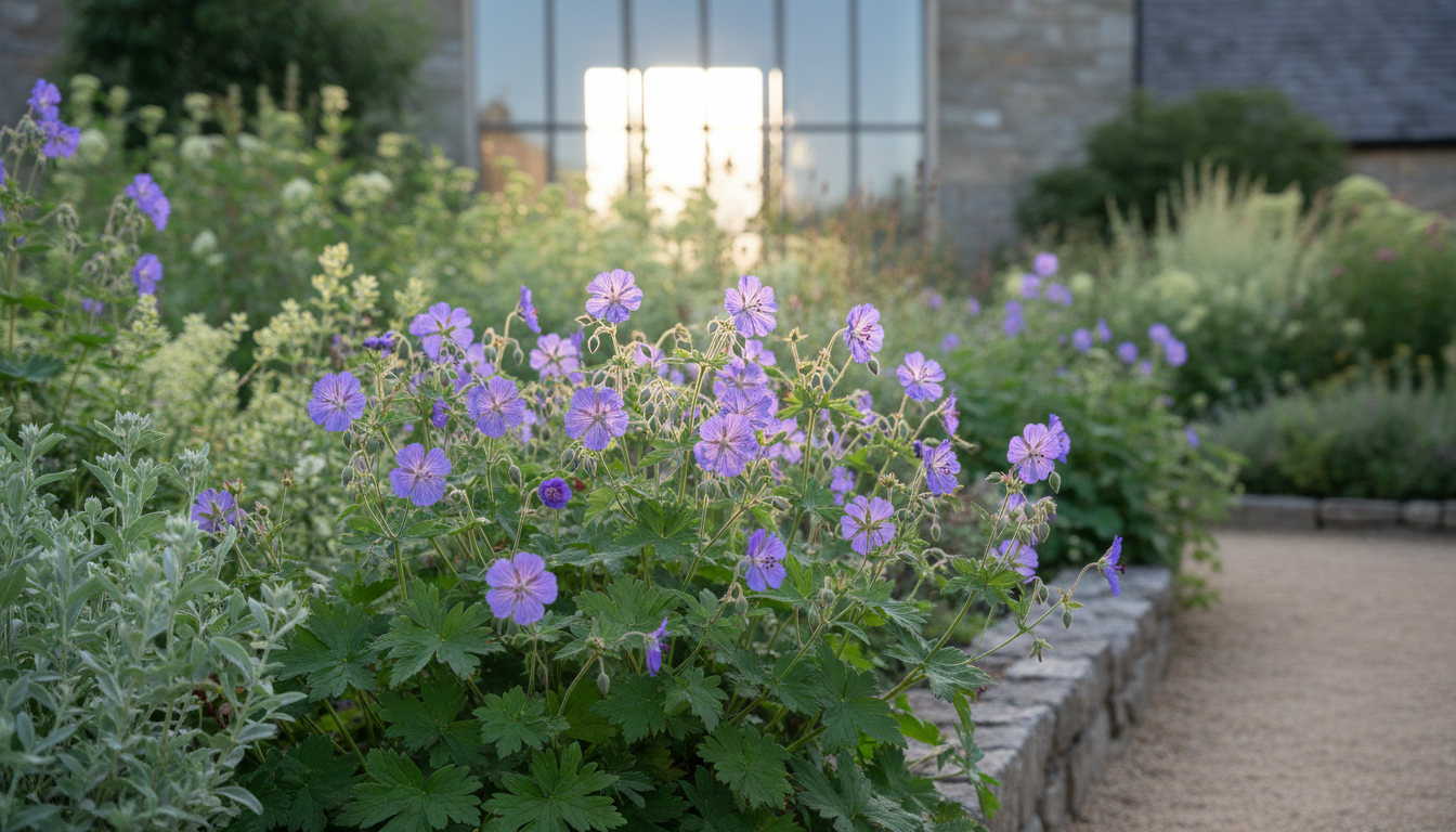 Герань гималайская (Geranium himalayense), в многолетнем миксбордере в вечернем свете