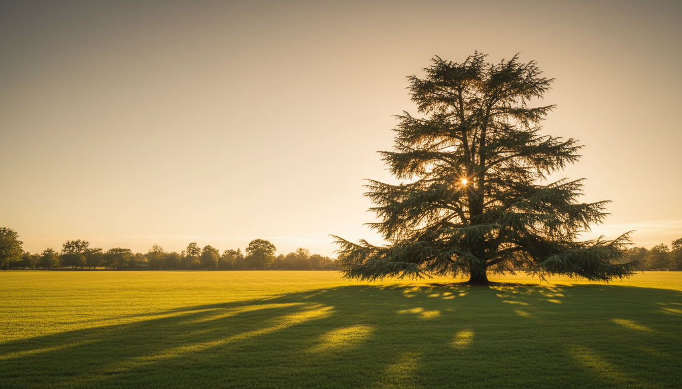 Кедр гималайский (Cedrus deodara), соло на ухоженном газоне в контровом свете