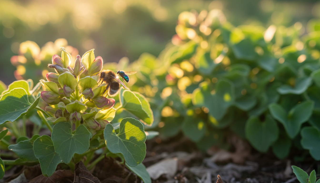 Лакмусовая трава (Chrozophora tinctoria), крупный план цветка с опылителями