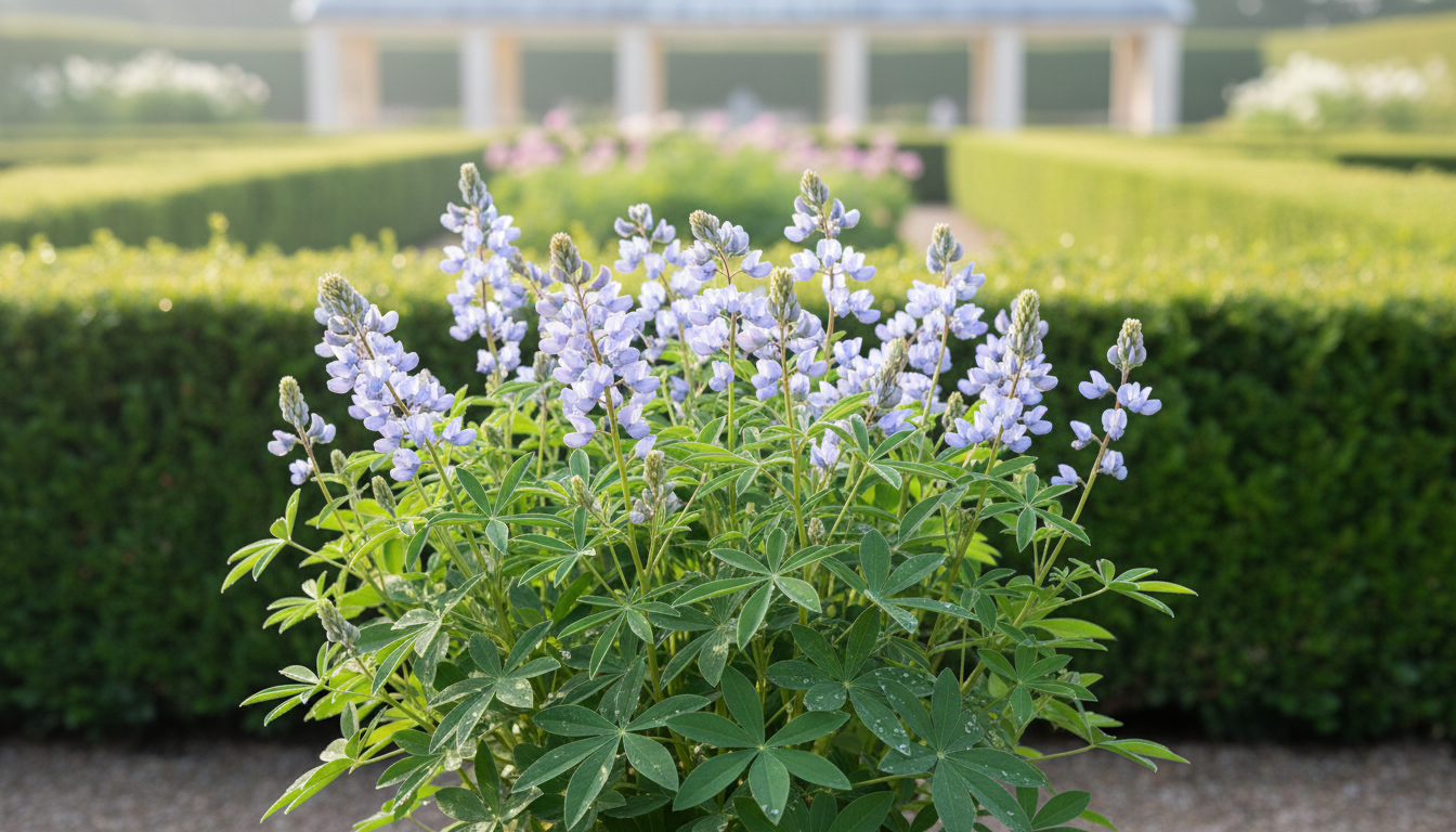 Люпинник пятилистный (Lupinaster pentaphyllus), в английском саду у самшитовой изгороди