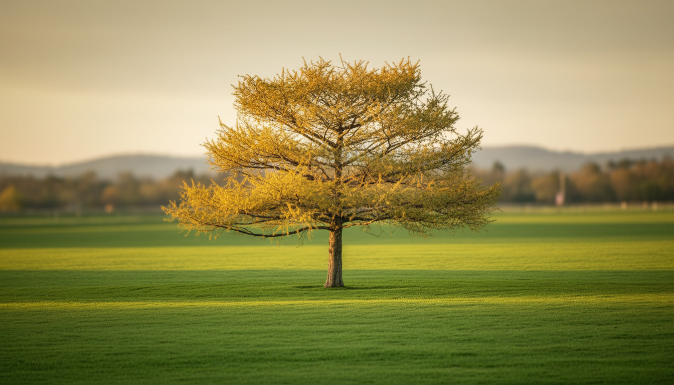 Лжелиственница (Pseudolarix amabilis), соло на ухоженном газоне в контровом свете
