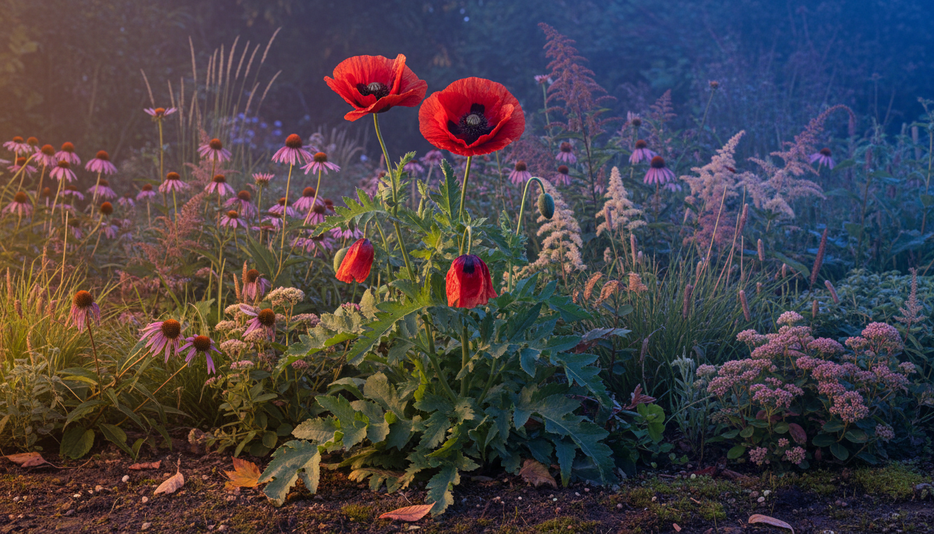 мак прицветниковый (Papaver bracteatum), в многолетнем миксбордере в вечернем свете