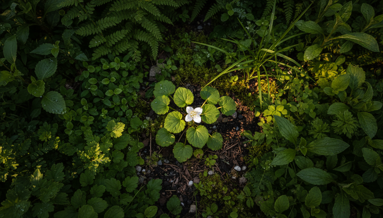 Одноцветка (Moneses uniflora), в многолетнем миксбордере в вечернем свете