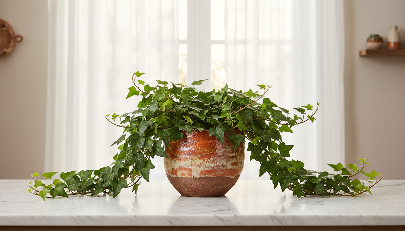 Плющ (Hedera helix), в керамическом кашпо на мраморной столешнице