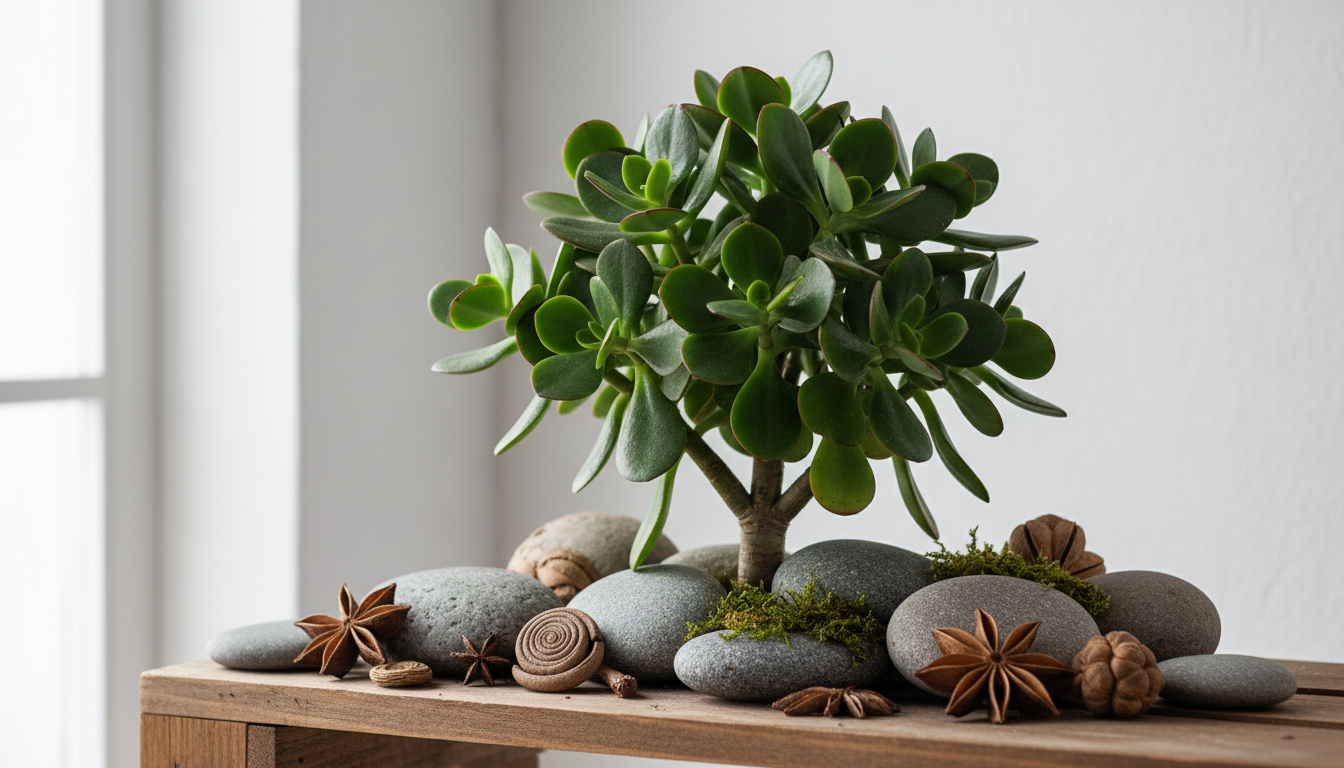 Толстянка древовидная (Crassula arborescens), на деревянной полке среди камней