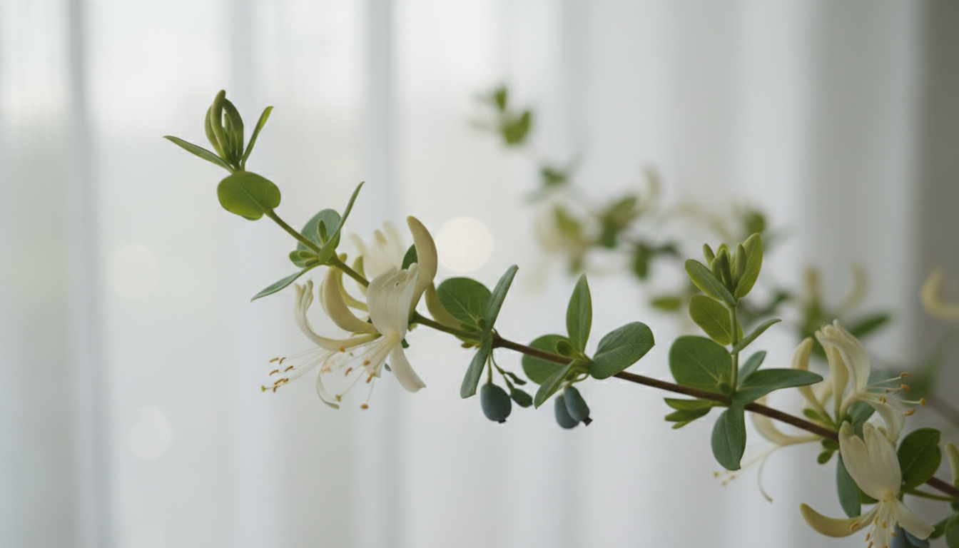 Жимолость съедобная (Lonicera edulis), крупный план цветущей ветки
